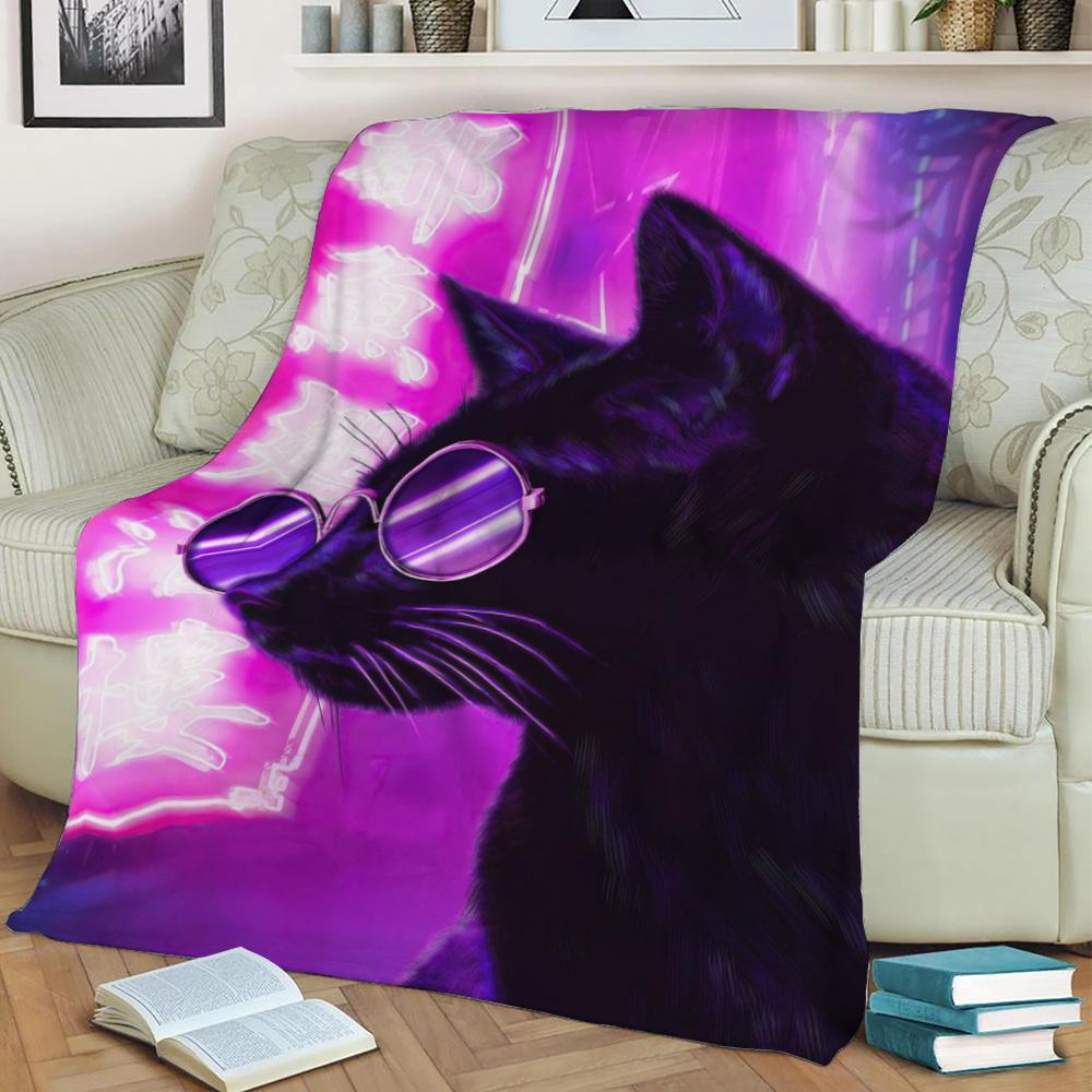 Purple Black Cat Fleece Throw Blanket