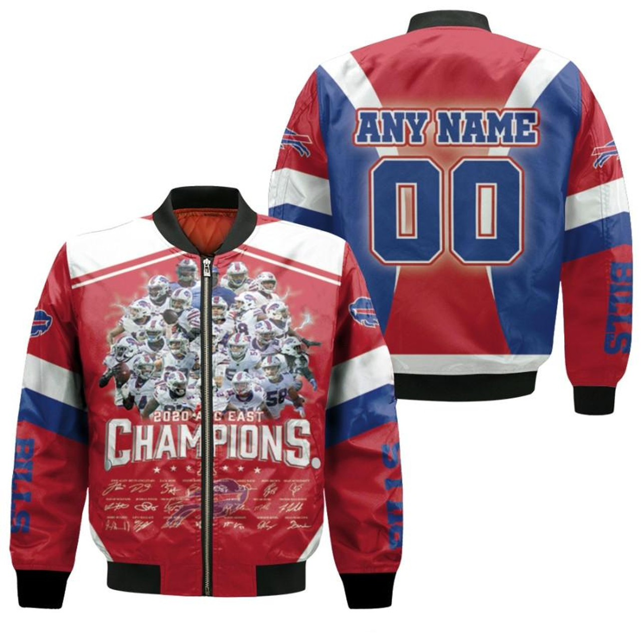 Buffalo Bills Signatures With Custom Name Number Bomber Jacket Navy Blue And Red