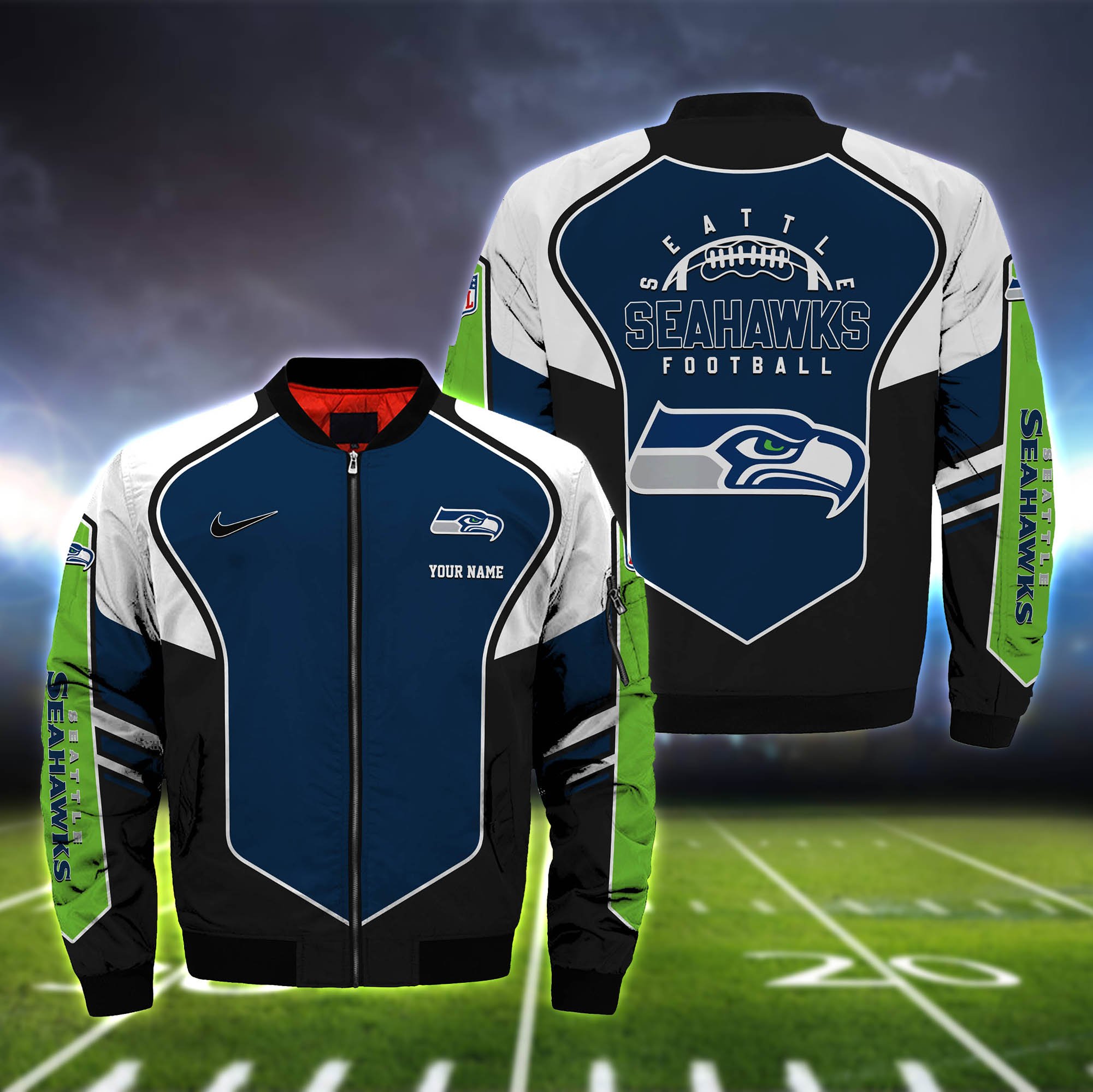 Seattle Seahawks Football Team Bomber Jacket Full Zip Up Jacket For Nfl Fan Sport Running Errands