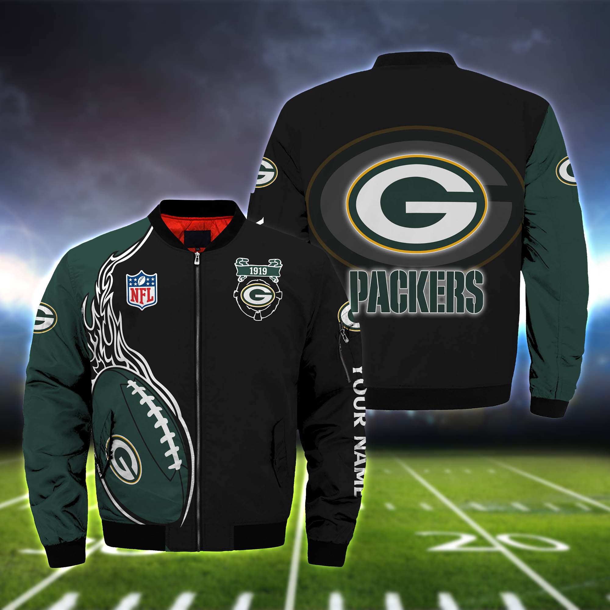Green Bay Packers Football Team Bomber Jacket Full Zip Jacket For Nfl Fan Sport Modern Look