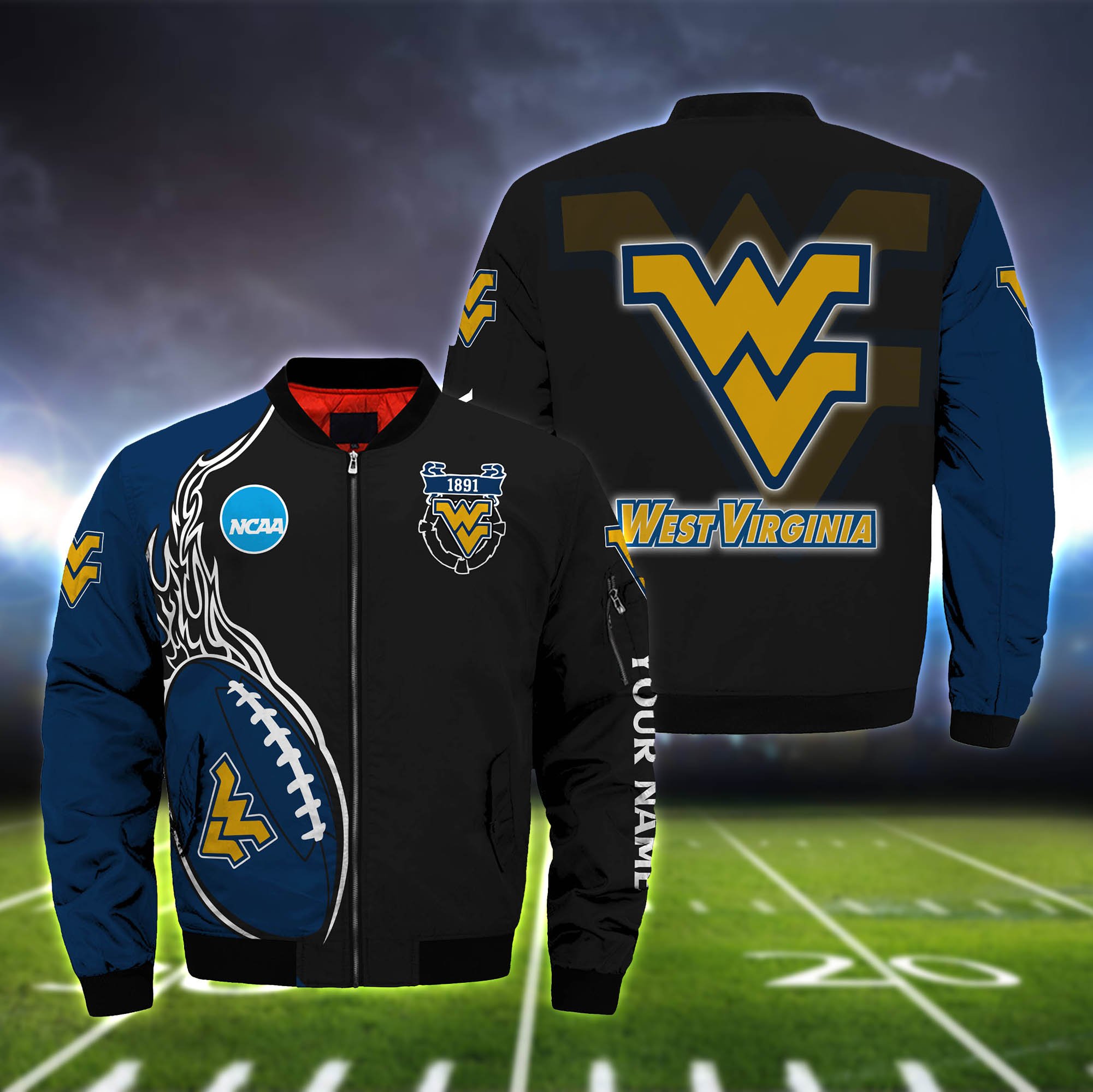 West Virginia Mountaineers Bomber Jacket Full Zip Jacket For Ncaa Fan