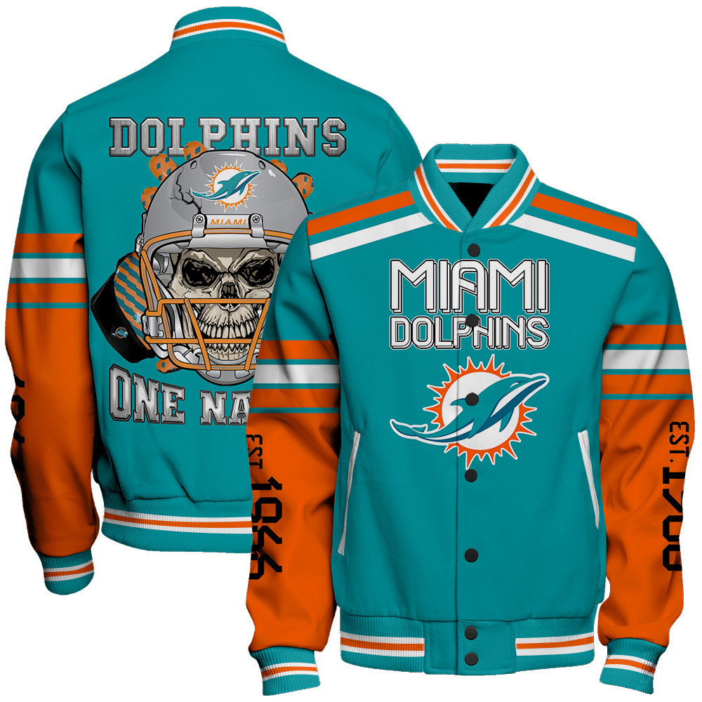 Miami Dolphins Skull And Gloves Pattern Varsity Jacket