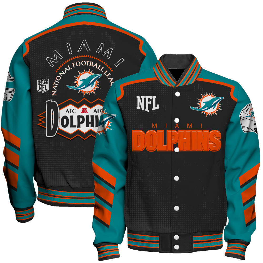 Miami Dolphins Football Team 2025 Relentless Determination Baseball Varsity Jacket