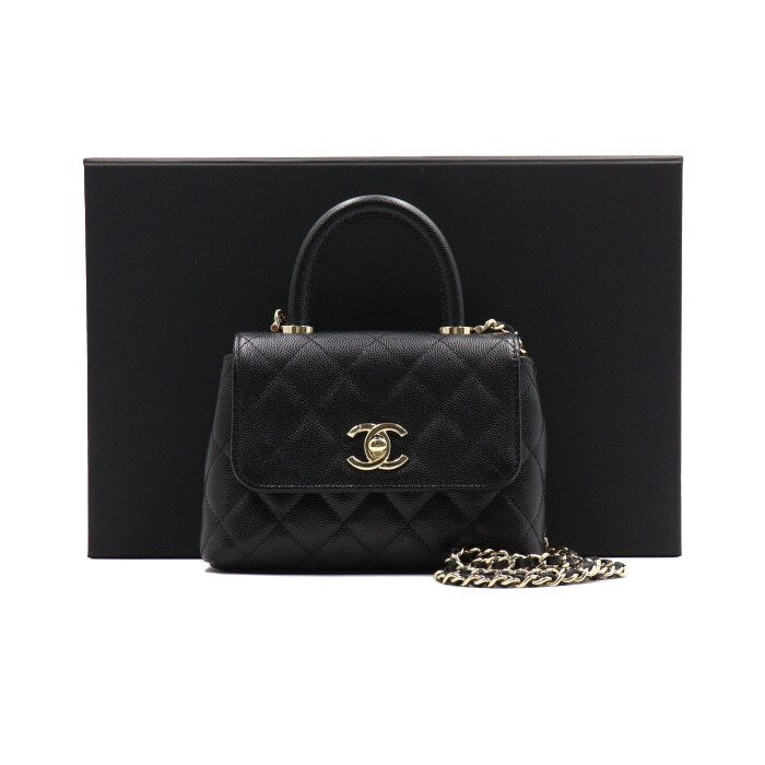 CHANEL Black Caviar Coco Handle Micro Tote Bag with Chain Shoulder Crossbody AP4244