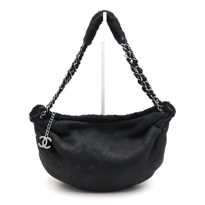 CHANEL Black Shearling Leather Wild Stitch Chain Women's Shoulder Bag AA50626