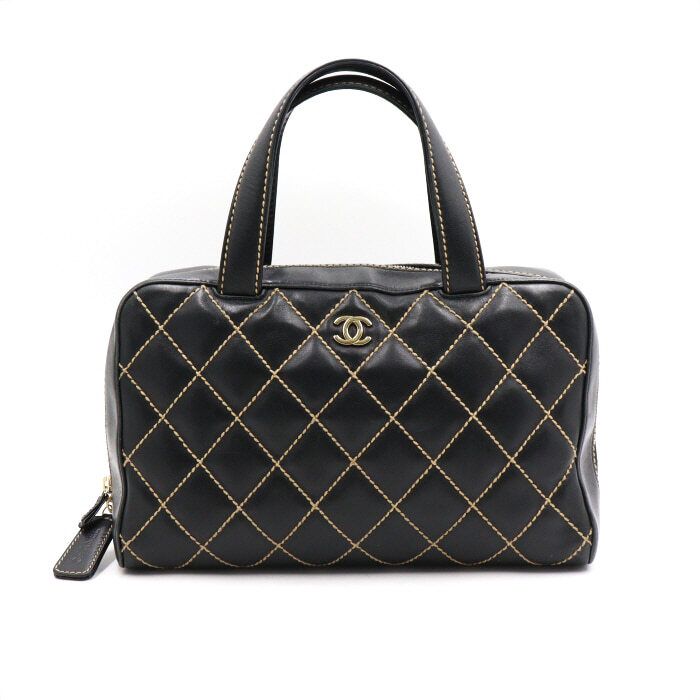 CHANEL Black Leather Quilted Zip-Up Tote Bag with Gold CC Stitching aa50598
