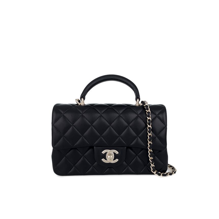 CHANEL Top Handle New Mini Black Champagne Gold Lambskin 5ET0747