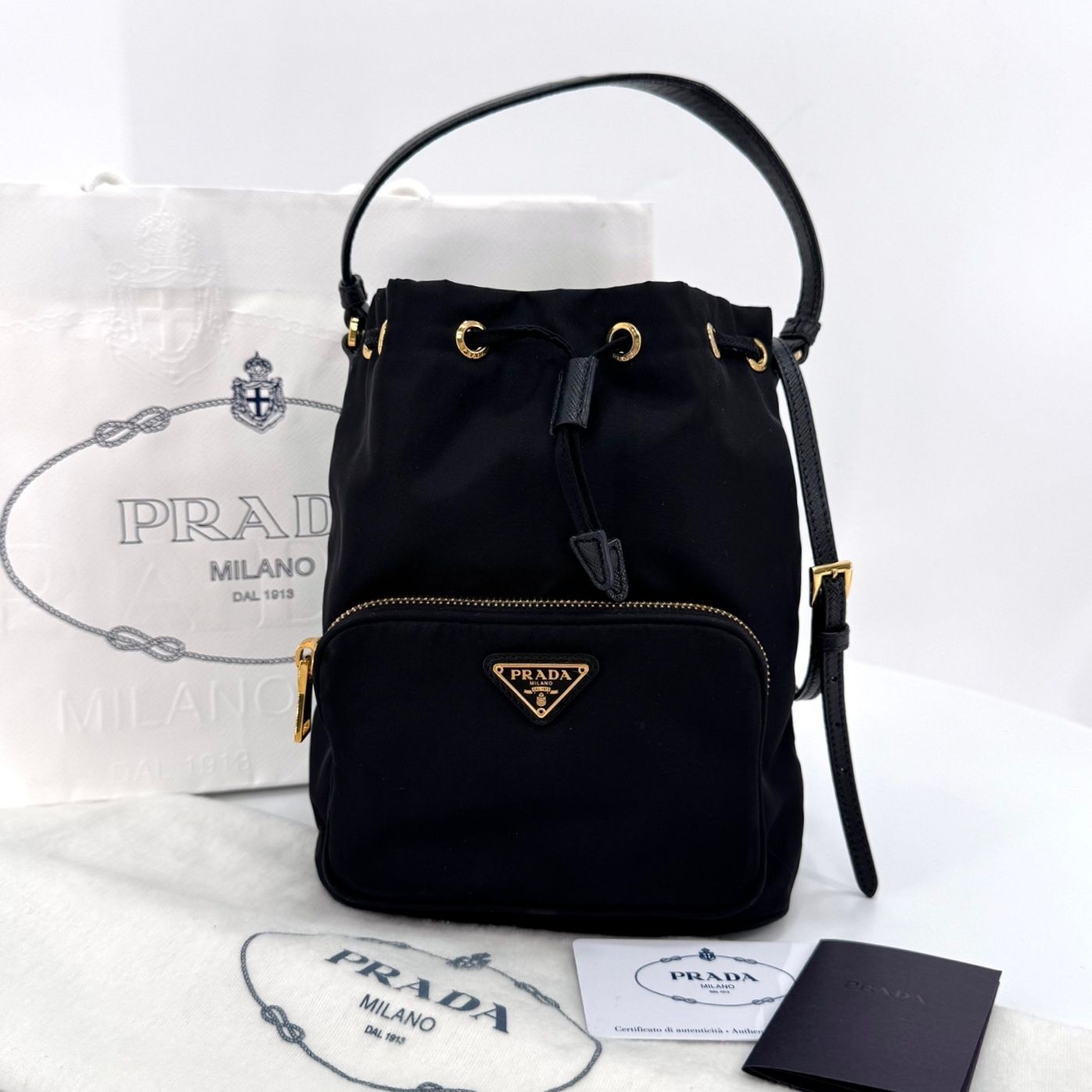 Prada Nylon Triangle Logo Bucket Bag Black (1BH038)