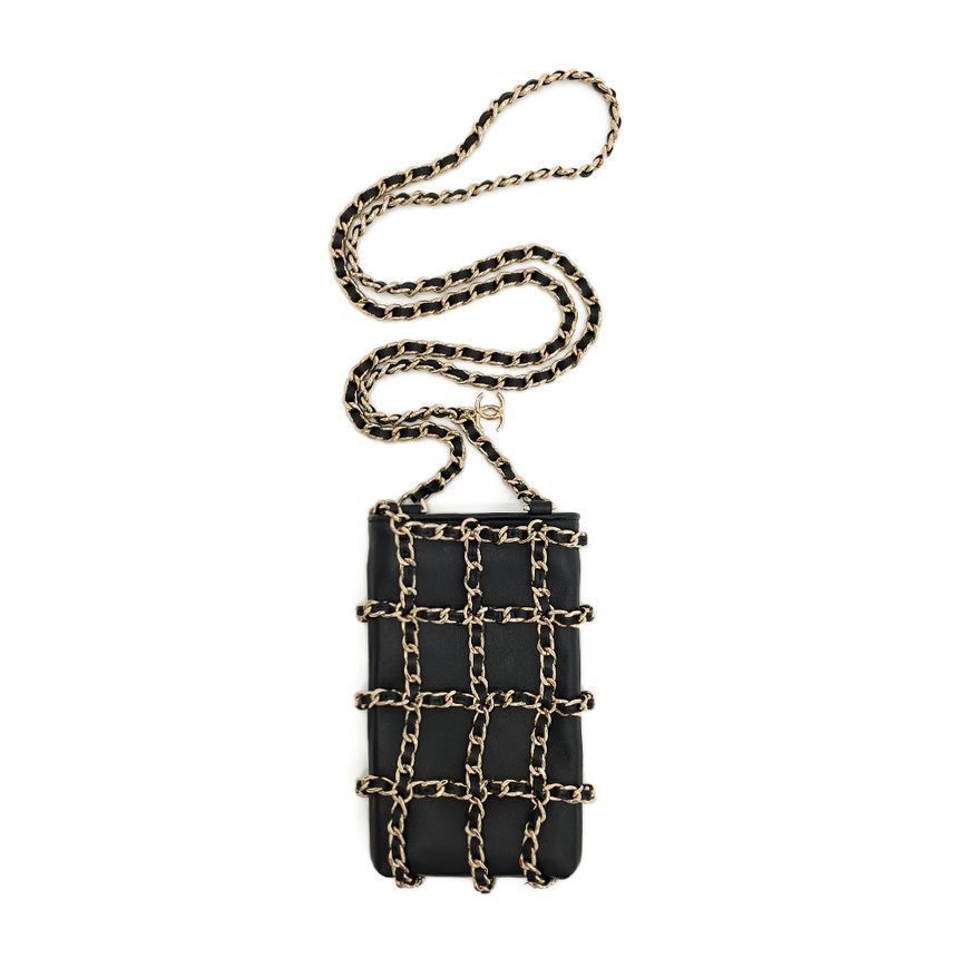 CHANEL Leather Chain Phone Holder Black Champagne Gold 3ET1867