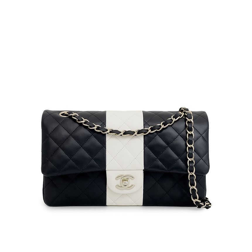 CHANEL Classic Medium Black/White Champagne Gold Lambskin 4ET1466