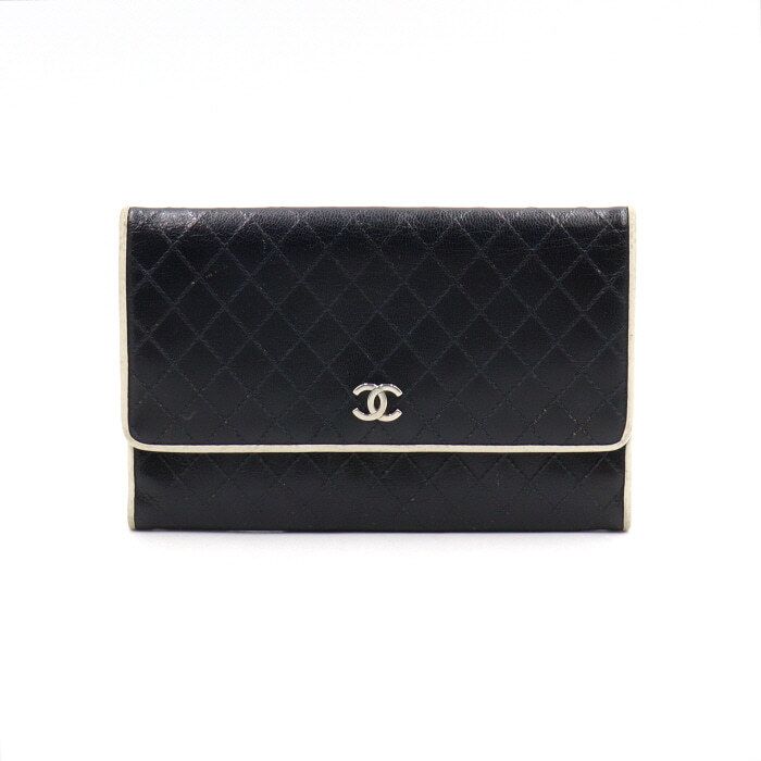 CHANEL Black Calfskin Quilted White Two-Tone Women's Long Wallet AA50593