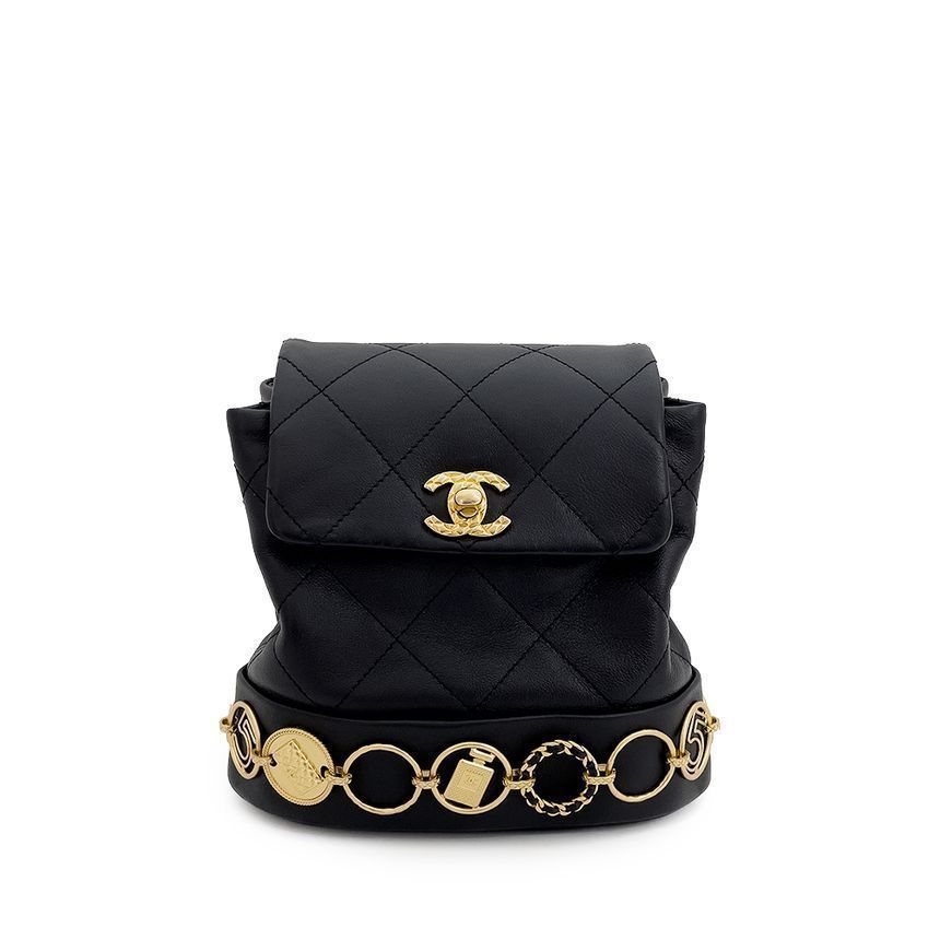CHANEL Small Black Vintage Calfskin Backpack with Symbol Coin Detail 23A 4ET0180