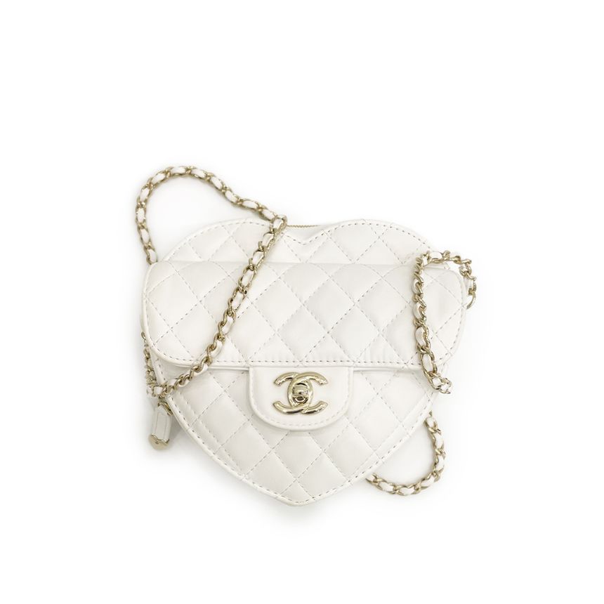 CHANEL Heart Bag Large White Champagne Gold Lambskin 2ET1860