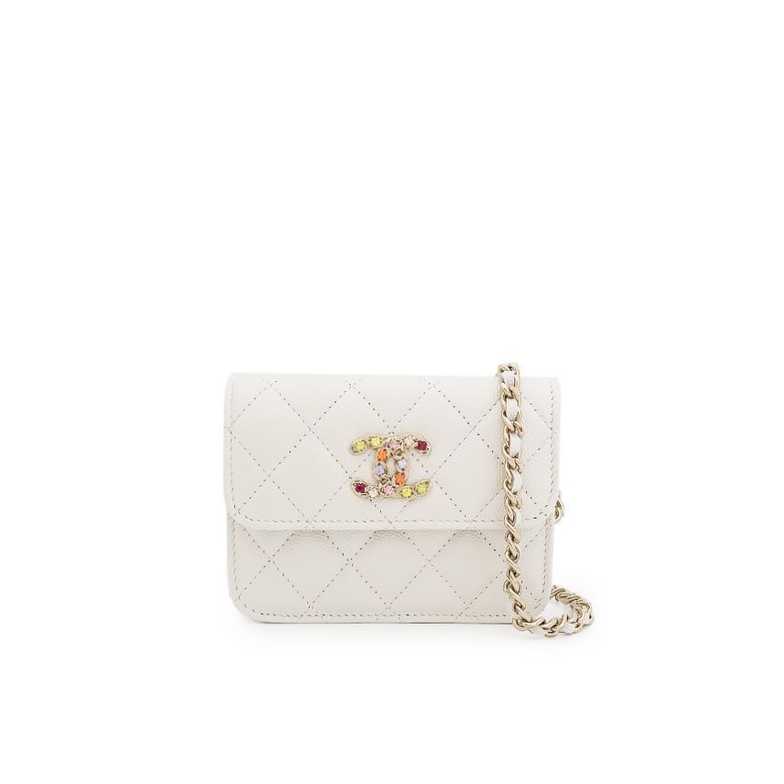 CHANEL Jewelry CC Logo Chain Flap Wallet Pearl White Champagne Gold 4ET0975
