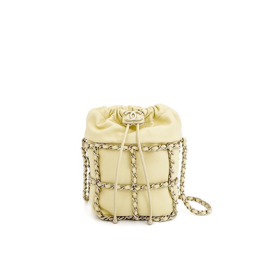 CHANEL Chain Net Bucket Bag Light Yellow Champagne Gold Lambskin 4ET1214