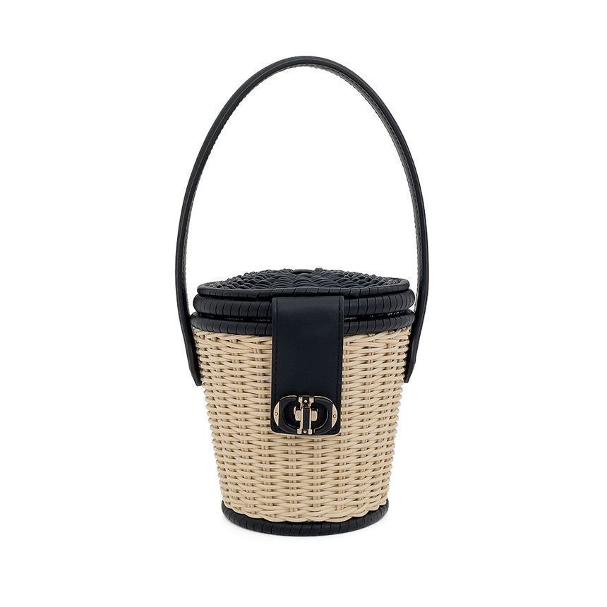 Dior 23SS Oblique Leather Handle Rattan Bag Black/Beige 4ET0485