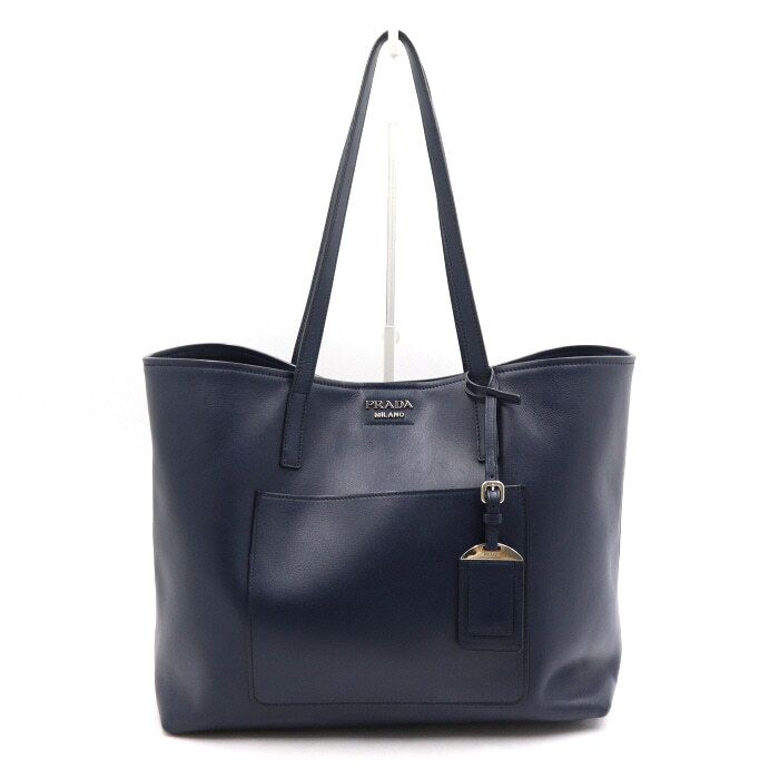 Prada Navy Calfskin Slit Pocket Tote Bag with Shoulder Strap - 1BG046