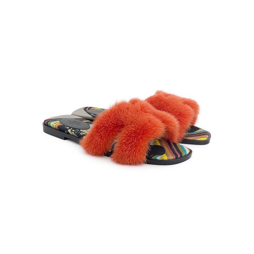 Hermes Mink Ooran Slippers Orange 37.5 4HA1182