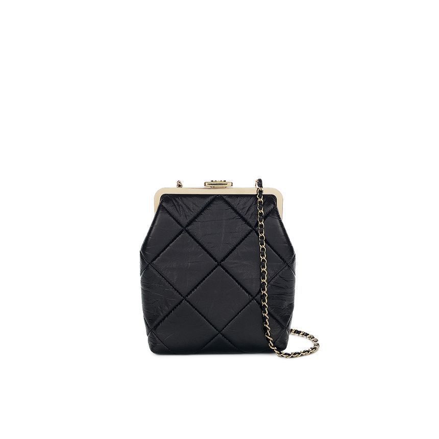 CHANEL Kiss-Lock Clutch Black Champagne Gold Lambskin 5ET0108