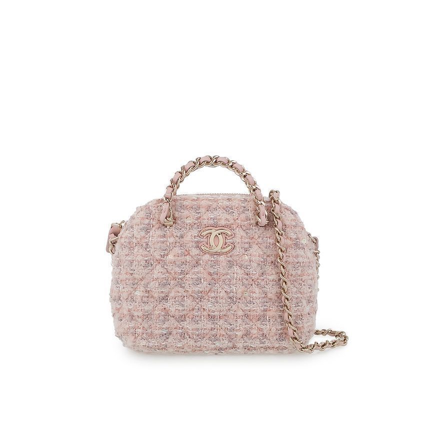 CHANEL Tweed Half Moon Crossbody Pink Champagne Gold 5ET0442