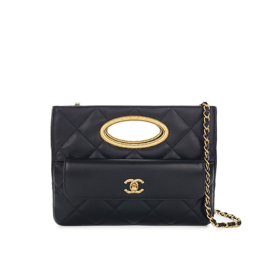 CHANEL Chain Shoulder CC Logo Pocket Clutch Black Vintage Lambskin 5ET0128