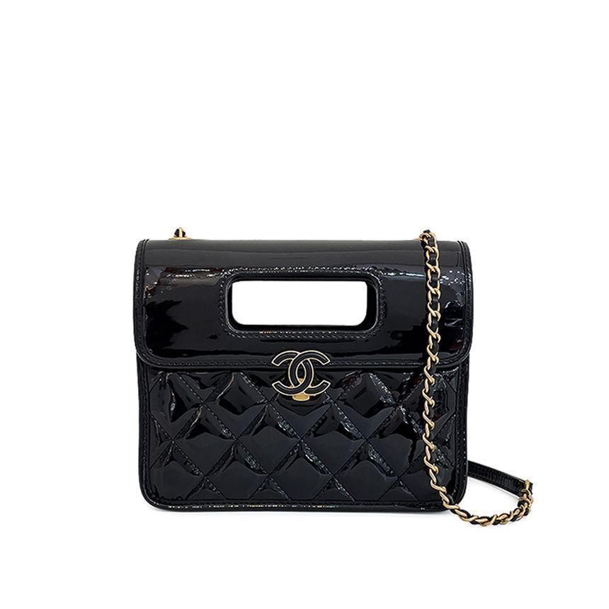 CHANEL 23S Mini Flap Bag Black Vintage Gold Chain Patent 4ET1929
