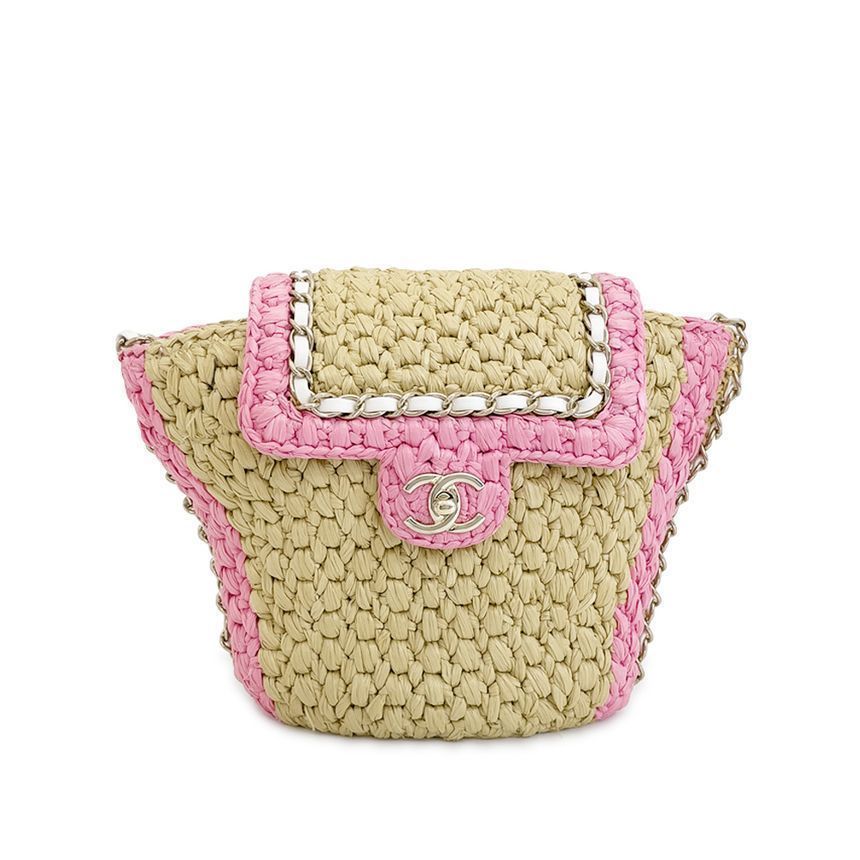 CHANEL Chain Raffia Bag Pink/Beige Champagne Gold 4ET1689