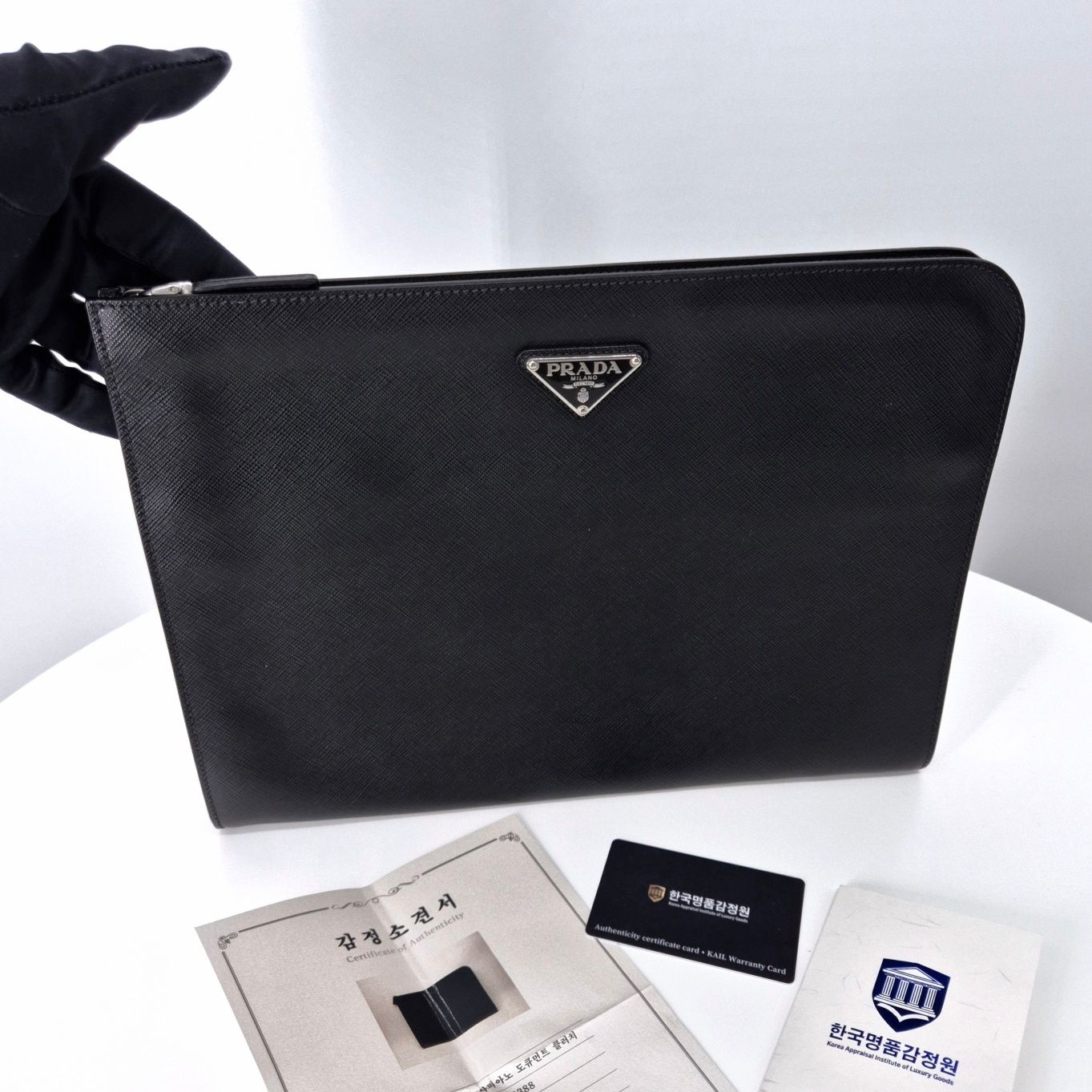Prada Black Saffiano Triangle Logo Clutch Bag (2VN003)