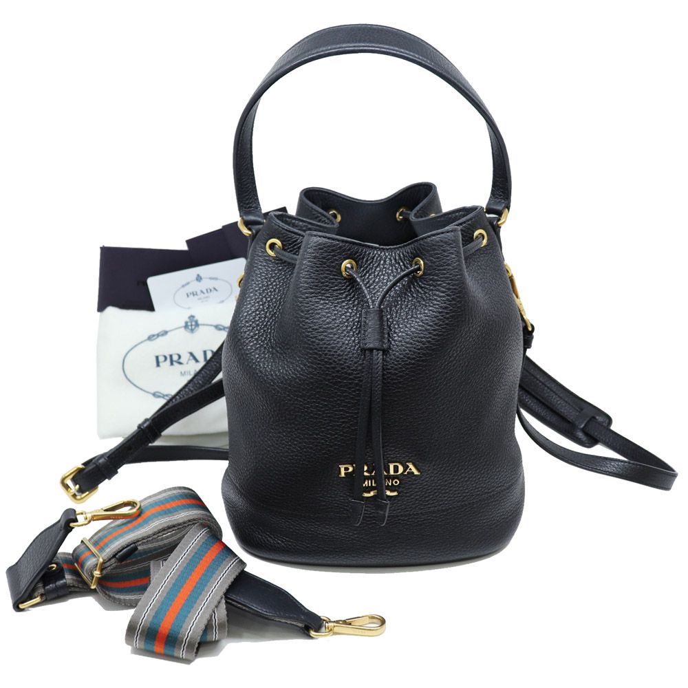 Prada Black Vitello Daino Embossed Logo Bucket Shoulder Bag 1BE018 [Score: 95 out of 100]