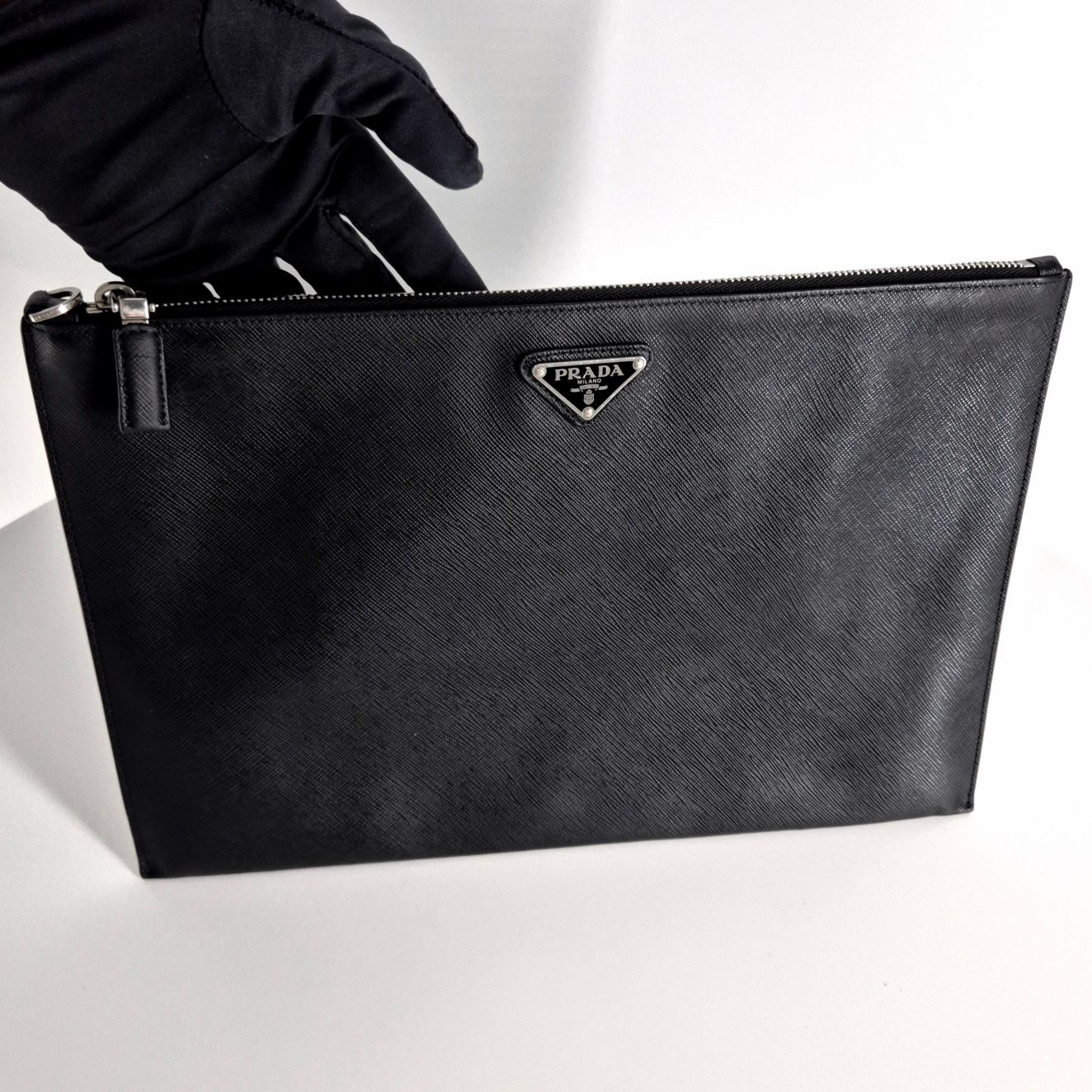Prada Black Saffiano Triangular Logo Clutch Bag (2NH001)