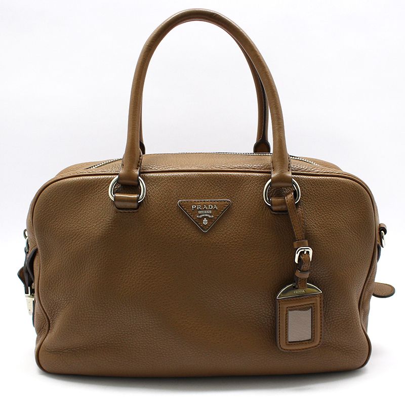 Prada Brown Vitello Daino Triangle Logo Tote Bag 1BB005