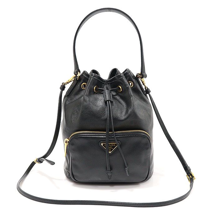 Prada Black Soft Calfskin Saffiano Duet Bucket Bag 2WAY 1BH038