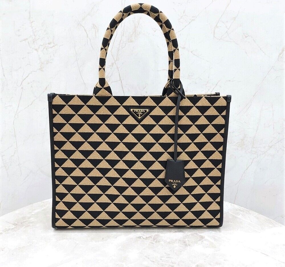 Prada New Symbol Jacquard Fabric Triangle Logo Tote Bag Large 1BA356