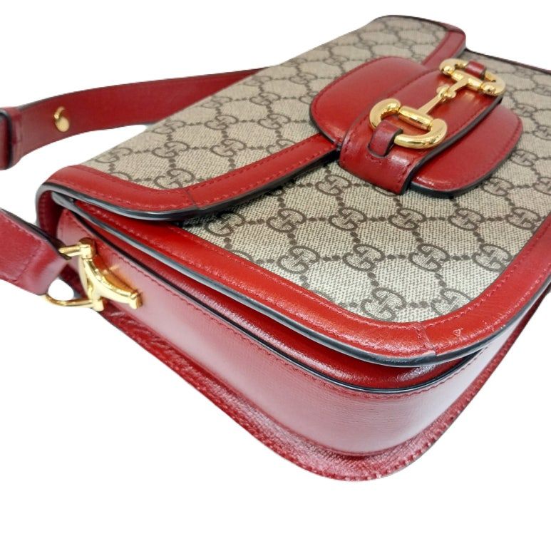 Gucci Red GG Supreme Horsebit 1955 Leather Trim Shoulder Bag (SKU: 602204)