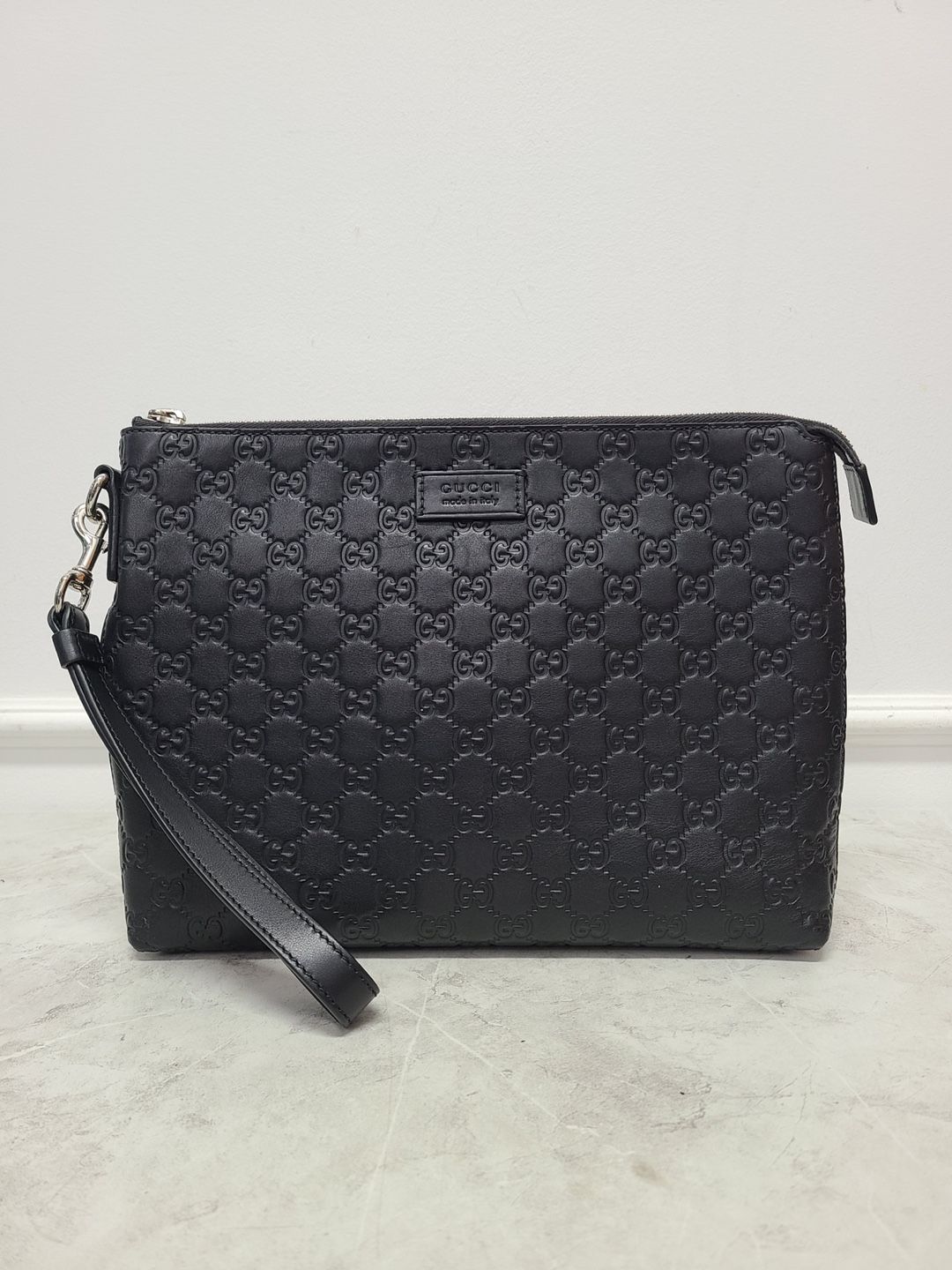 Gucci Black GG Supreme Signature Cima Strap Clutch Bag SKU