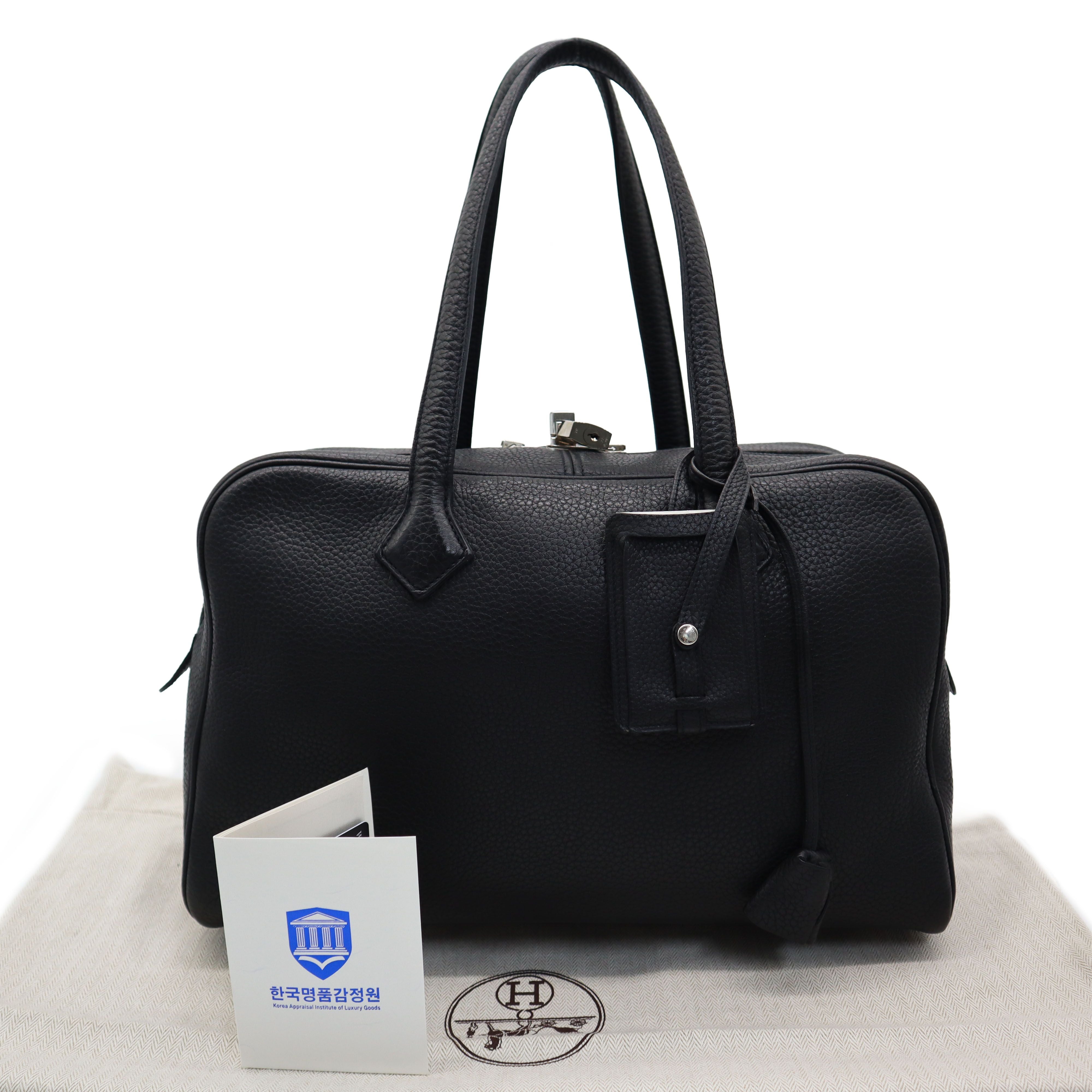 Hermes Black Clemence Leather Victoria II Tote Bag 35 (Engraved) - SKU N
