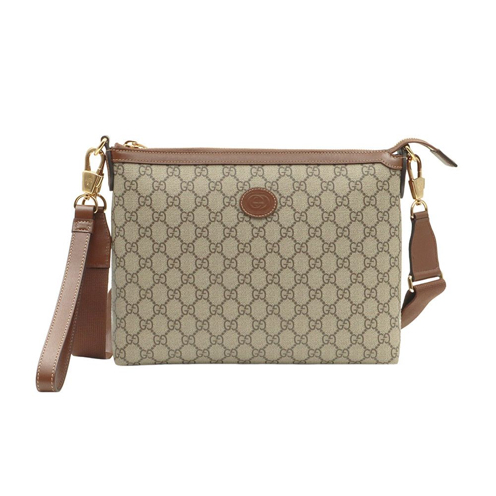 Gucci Brown Leather Interlocking G Clutch Messenger Crossbody Bag - GG Supreme Canvas / 726833