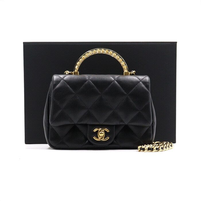 CHANEL Black Lambskin Top Handle Tote Bag with Gold Chain Shoulder Crossbody Bag AS4847