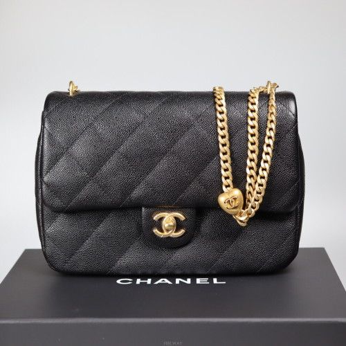 CHANEL Gold Ball Heart Necklace with Adjustable Chain - New Mini Medium Caviar AS3921