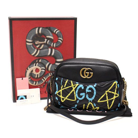 Gucci Black Matelass Chevron Leather Ghost Graffiti GG Mamont Camera Medium Shoulder Bag / 443499
