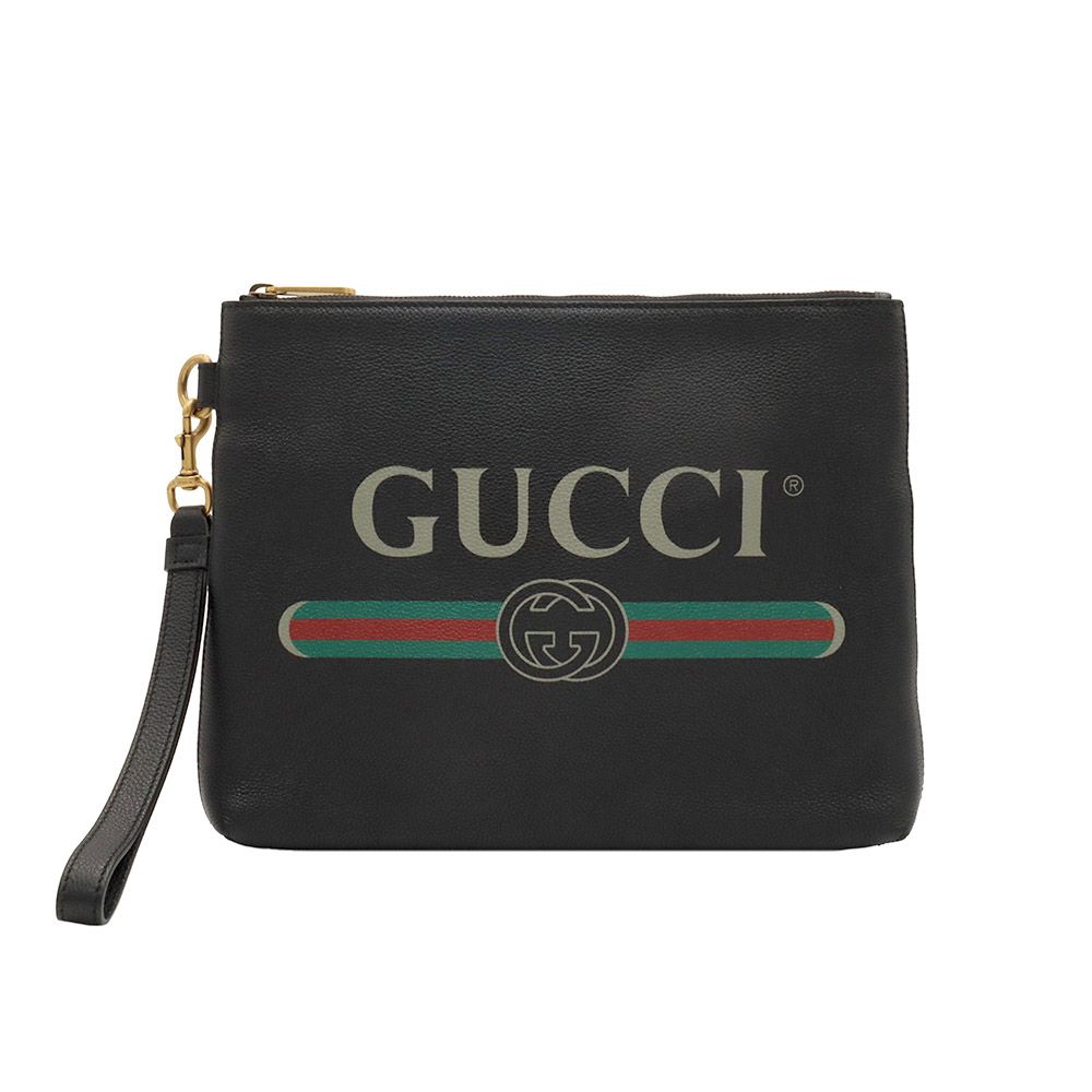 Gucci Black Leather WEB Logo Printing Strap Clutch / 572770