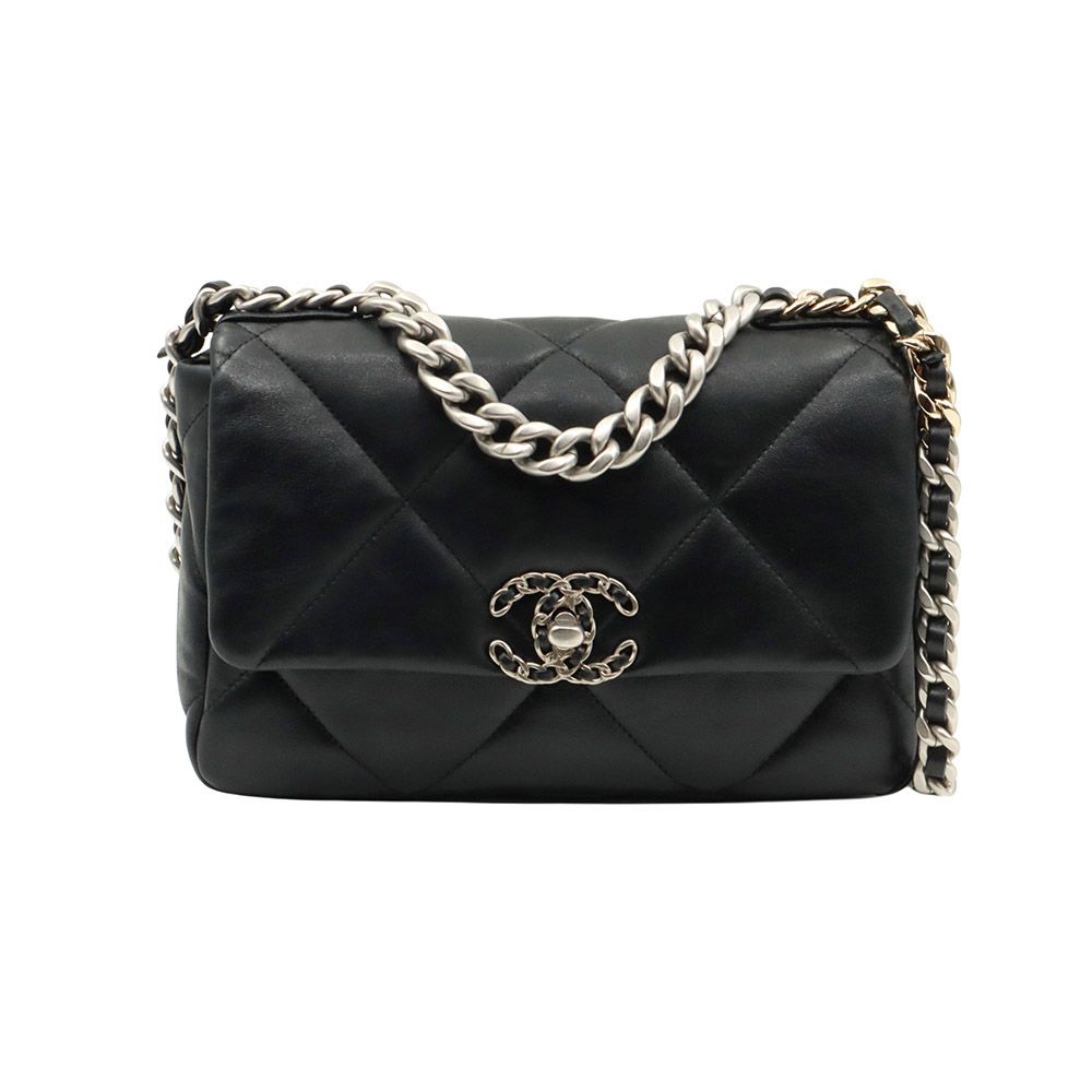 CHANEL Black Lambskin Silver Gold Metal 19 Small Flap Shoulder Bag (Built-in Chip) / AS1160