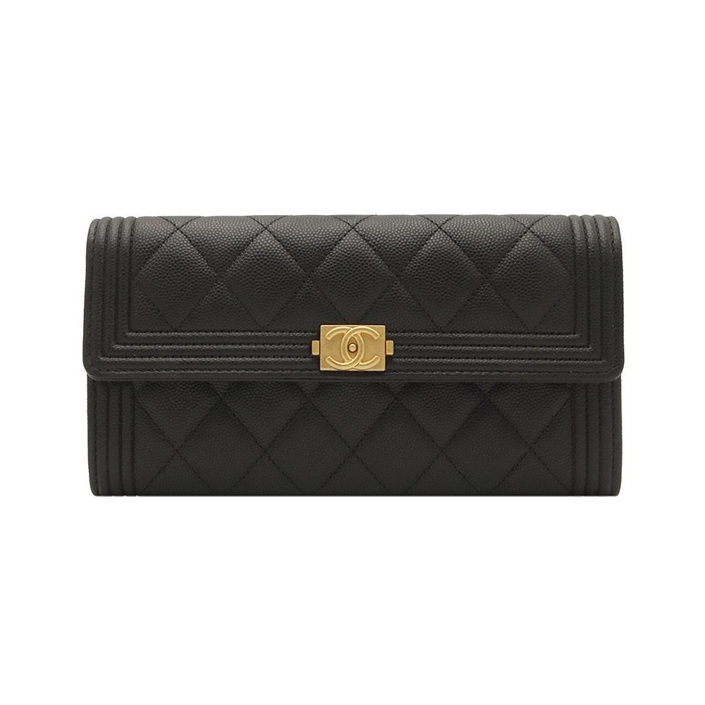 CHANEL Black Caviar Gold Boy Long Flap Wallet (Microchip) / A80286