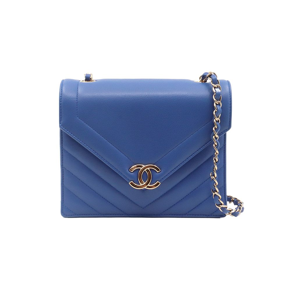 CHANEL Blue Calfskin Chevron Champagne Gold CC Logo Flap Shoulder Bag (Size 27) / AS0025