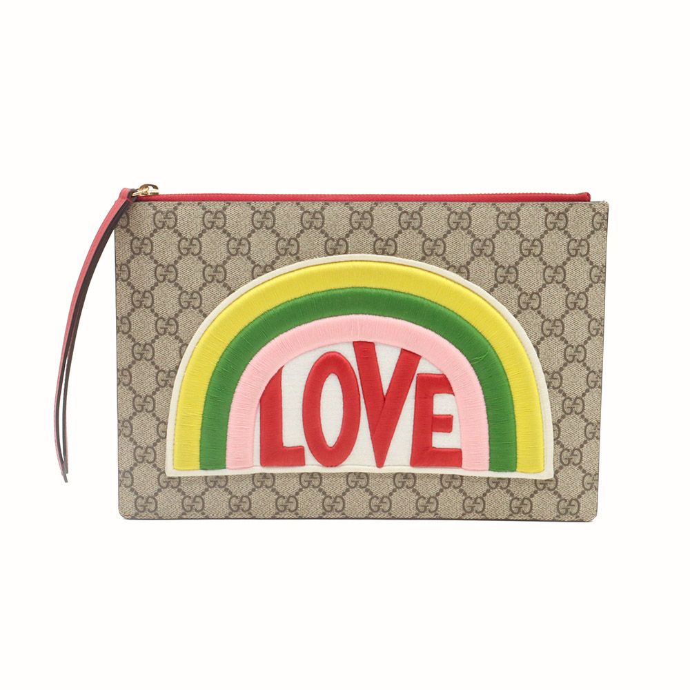Gucci LOVE Rainbow Embroidered Red Leather Trim Clutch / 476411