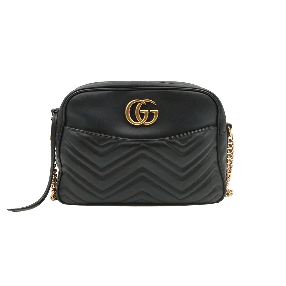Gucci Black Leather GG Mamont Chevron Camera Medium Crossbody Bag / 443499