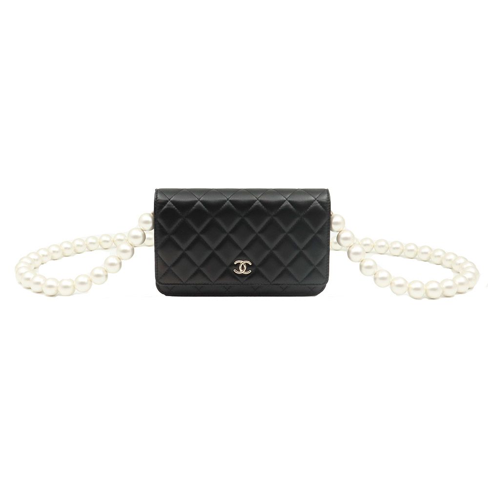 CHANEL Black Lambskin Pearl Strap Champagne Gold CC Logo WOC Crossbody Bag (Size 30s) / AP1841 SKU