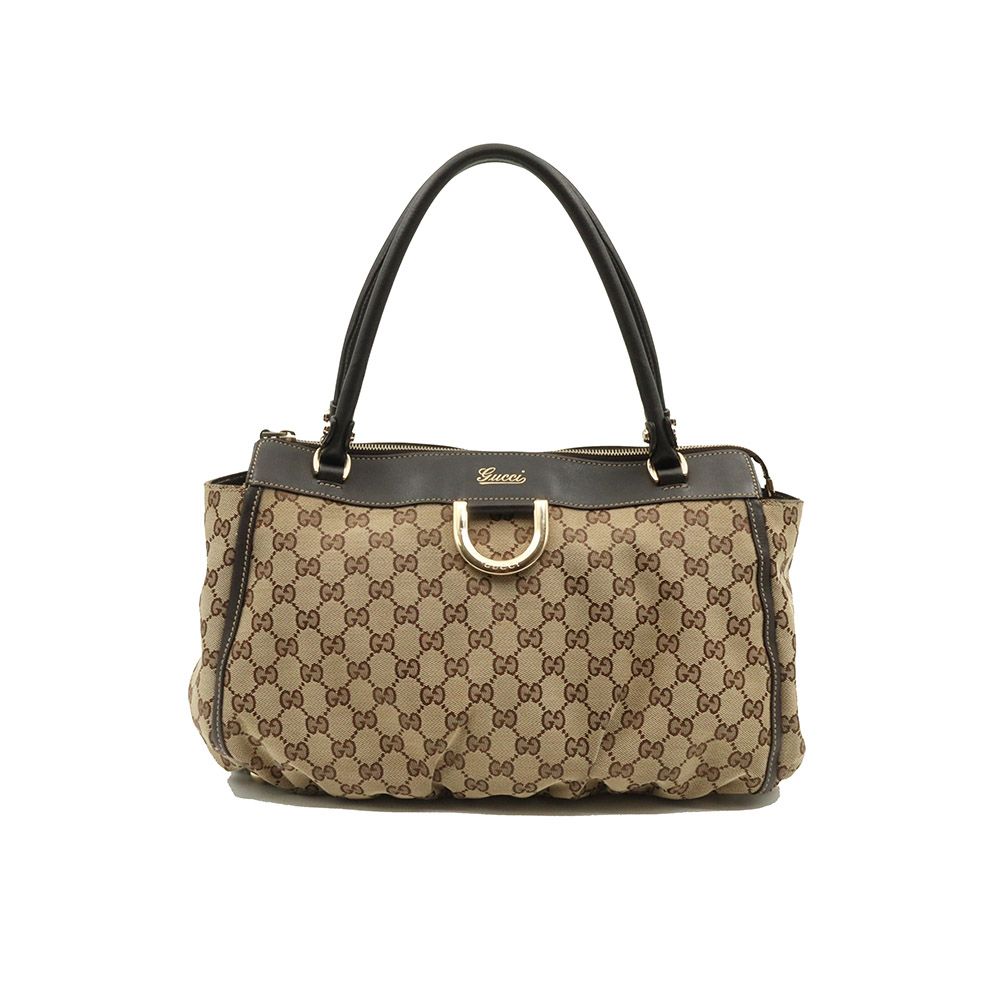 Gucci Brown Leather Shoulder Bag with GG Jacquard and D-Ring / 189831
