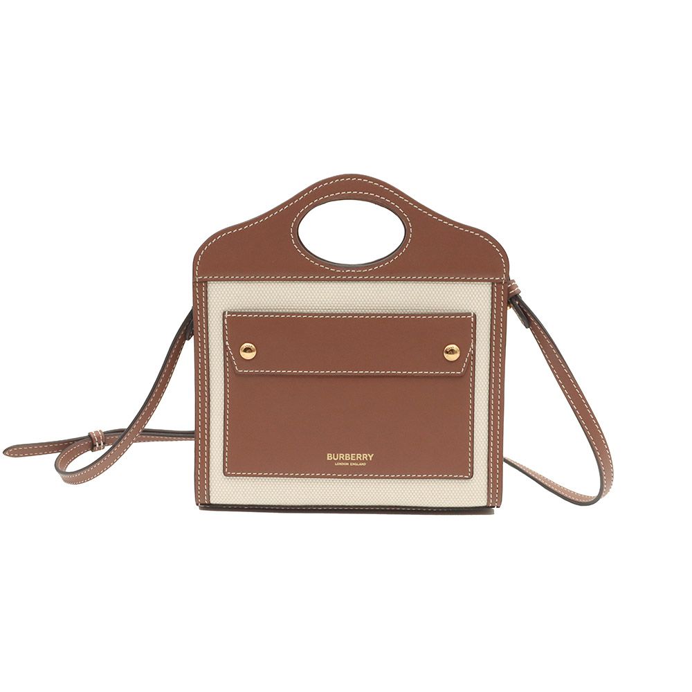 Burberry Natural Malt Brown Leather Two-Tone Canvas Micro Pocket Tote 2WAY / 80528981
