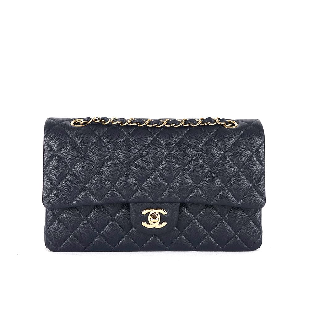 CHANEL Classic Caviar Medium Navy Gold Inlay Chip A01112 Display Item
